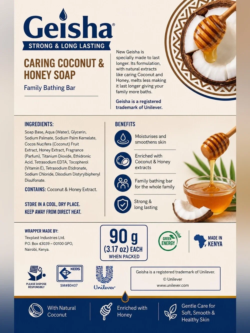 Geisha Caring Coconut & Honey Soap, 2 Bars Made in Kenya